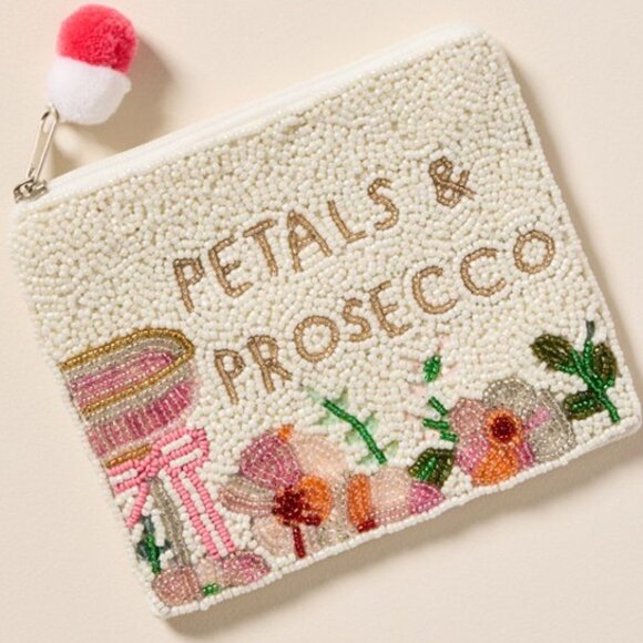 Petals & Prosecco Wine Champagne Seed Beaded Coin Pouch Mini Clutch Bag NEW - Picture 1 of 1